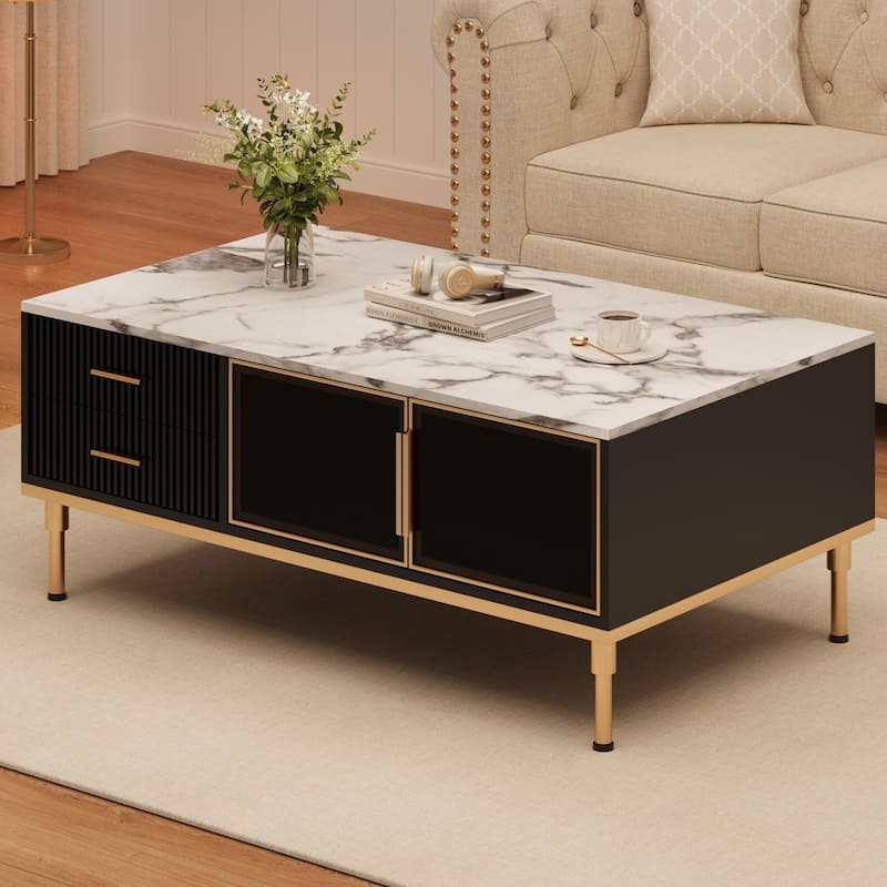 Minimalist Coffee Table with Faux Marble Surface, Glass Storage Doors