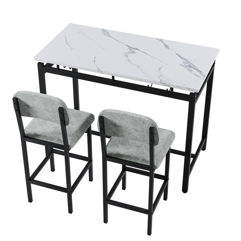 Kitchen Dining Table Chair Set, 3 Piece Counter Height Table Set with Storage Shelves and 2 Upholstered Chairs
