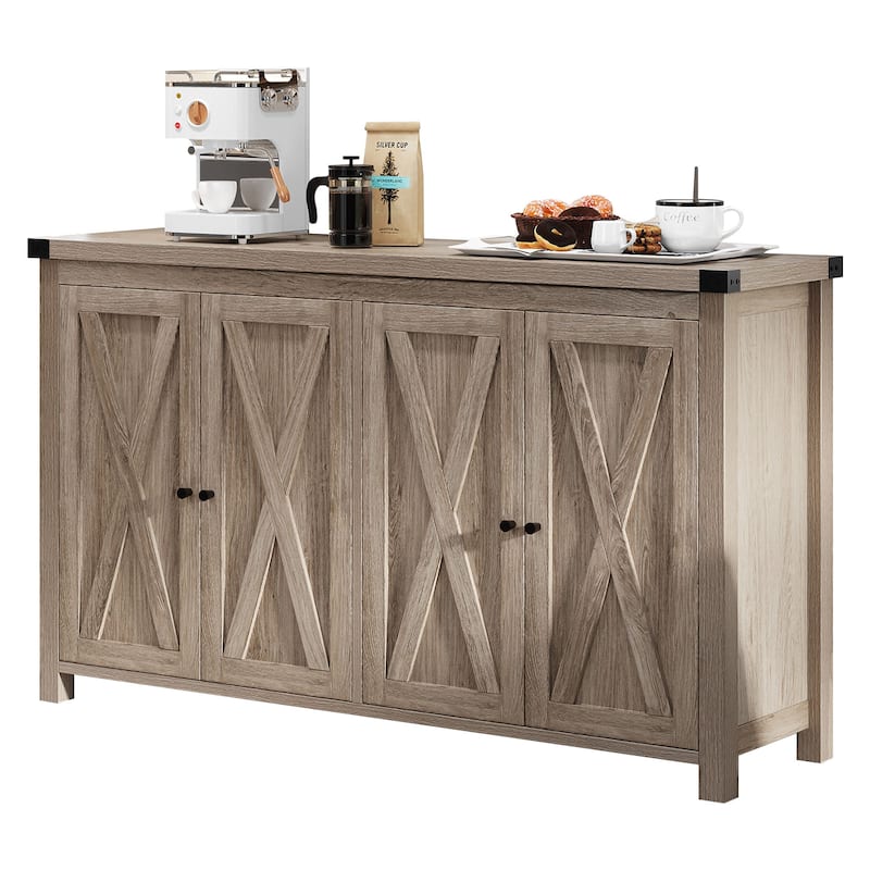 Moasis 55-inch Farmhouse Four-Door Buffet Cabinet Storage Kitchen Sideboard Buffet Table - Grey