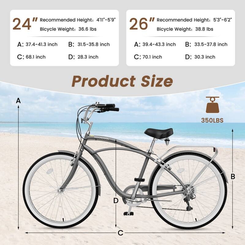 Beach Cruiser Bike for Women and Men, 24/26 Inch 7-Speed Adult Bicycle
