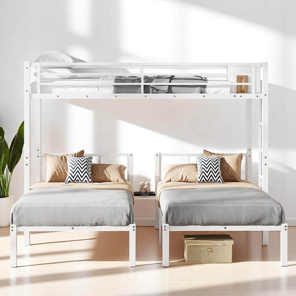 Triple Twin Metal Bunk Bed with Shelf, Middle Table, Guardrails, and Convertible Upper Bed,Detachable L-Shaped Bunk bed