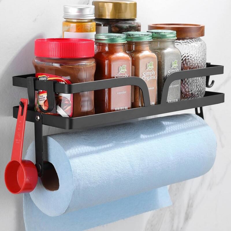 Wall-mounted paper towel holder with shelf and 4 hooks - Black