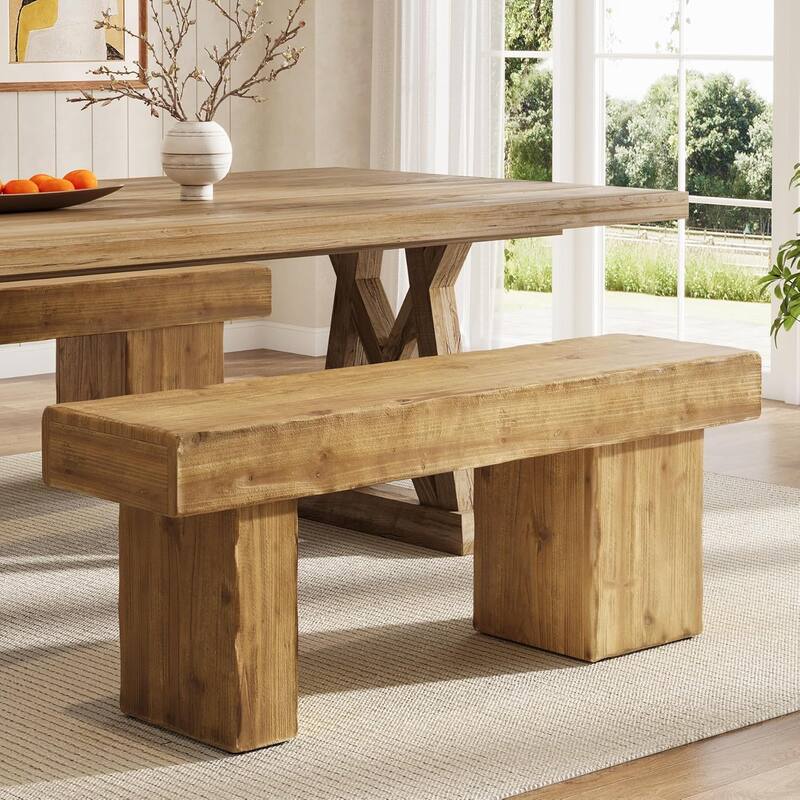 47" Thickened Solid Wood Bench, Rustic Farmhouse Entryway Bench with Artistic Legs