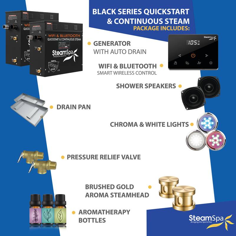 Black Series Steam Bath Generator with Fully Wireless Remote, BLUETOOTH, WIFI, and Auto Drain - 15 KW