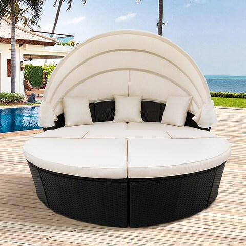 Outdoor Rattan Daybed Sunbed with Retractable Canopy Wicker Sofa Set