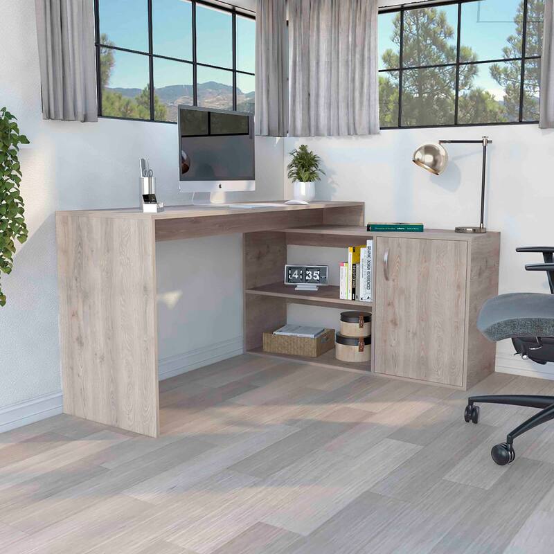 Modern L-Shaped Computer Desk with Open & Closed Storage Computer Table for Living Room Bedroom - Gray