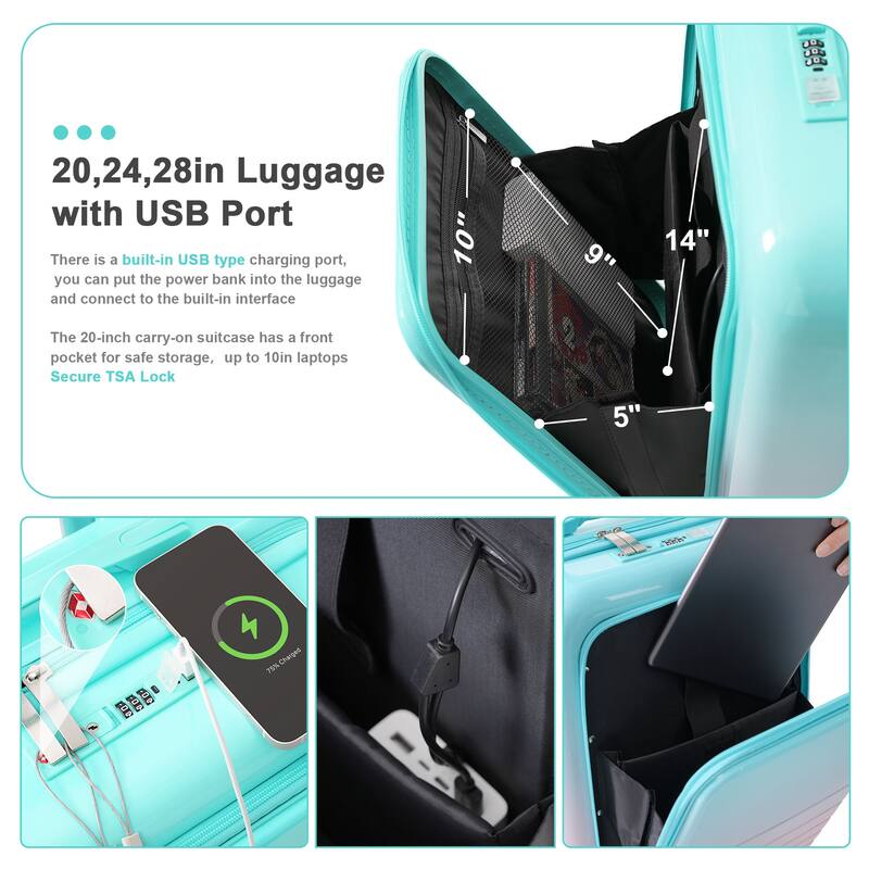 High Quality Front Opening Luggage Sets 3 Piece, ABS+PC Hard Carry on Suitcase with USB Port and Cup Holder & Spinner Wheels