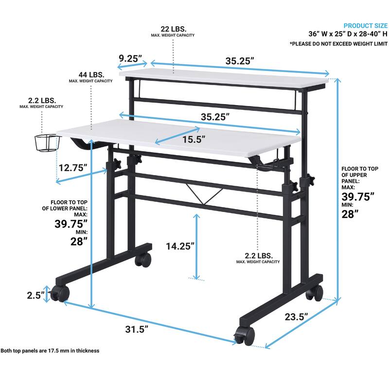 Rolling Writing Desk with Height Adjustable Desktop and Moveable Shelf