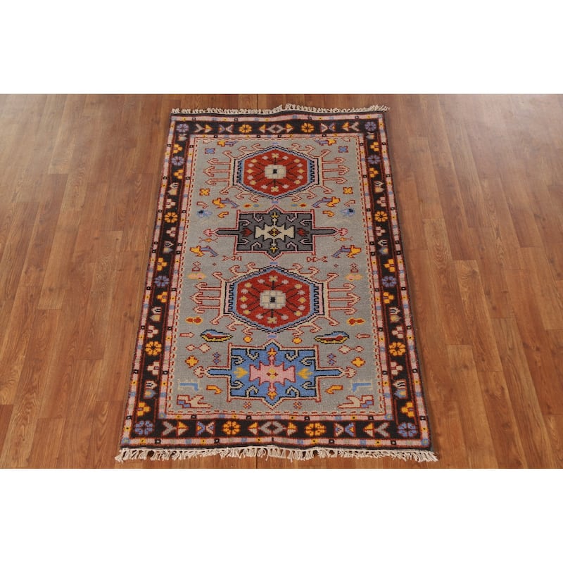 Geometric Grey Kazak Foyer Rug Hand-Knotted Wool Carpet - 3'0"x 5'0"