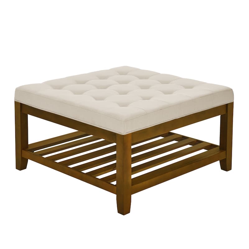 Coffee Table Tufted Linen Large Square Ottoman with Beech Wood Shelf and Frame,Oversized Footrest Ottoman for Living Room