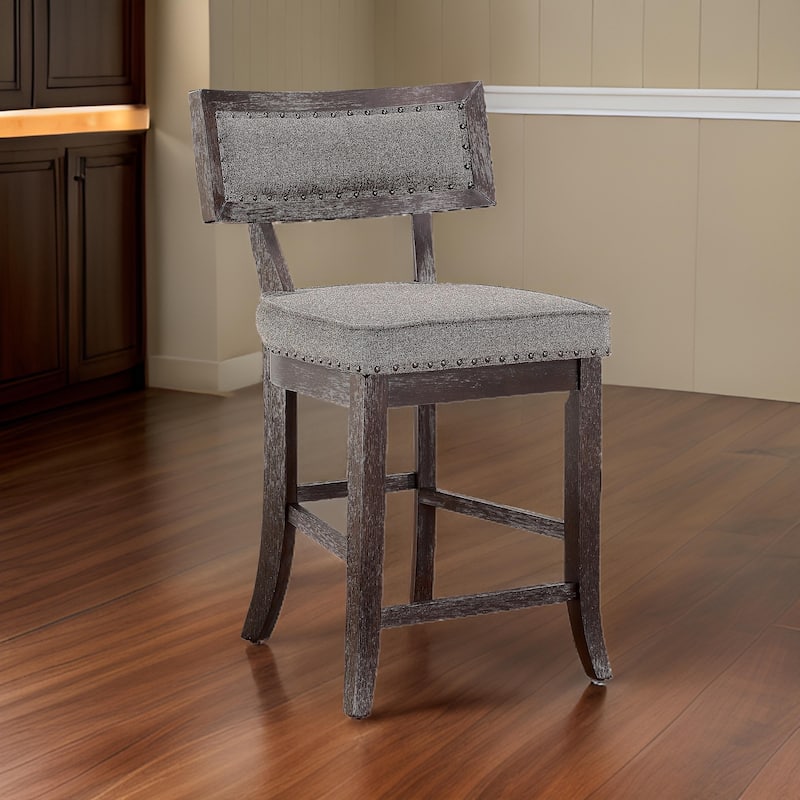Shan 25 Inch Counter Height Chair, Nailhead Trim, Dark Brown Solid Wood