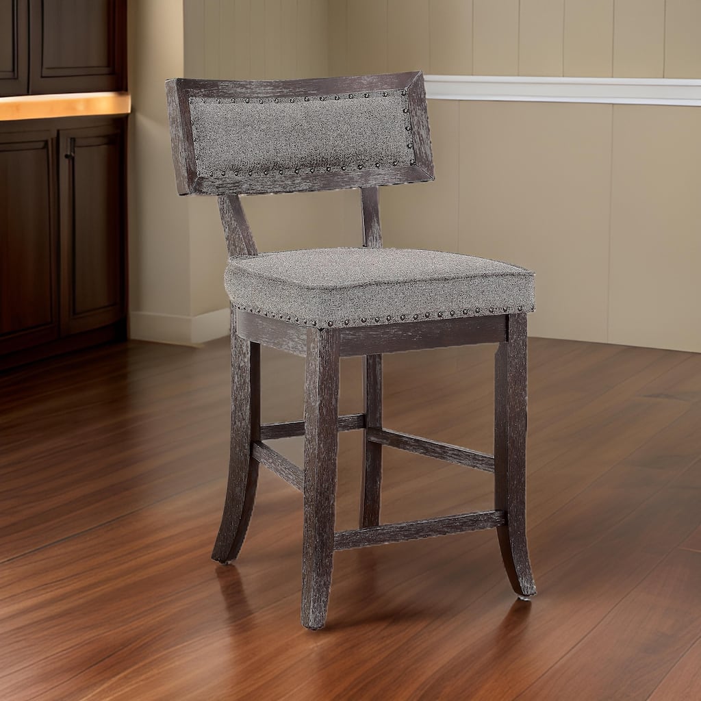 Shan 25 Inch Counter Height Chair, Nailhead Trim, Dark Brown Solid Wood