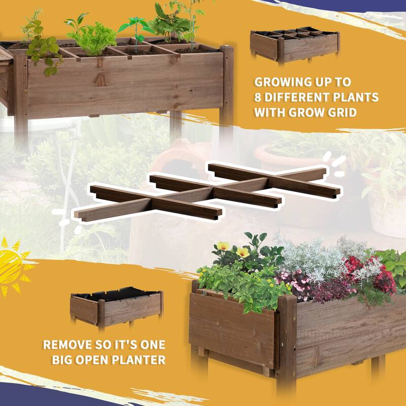 Outsunny 49'' x 21'' x 34'' Raised Garden Bed w/ 8 Grow Grids, Outdoor Wood Plant Stand w/ Storage Shelf and Lockable Wheels