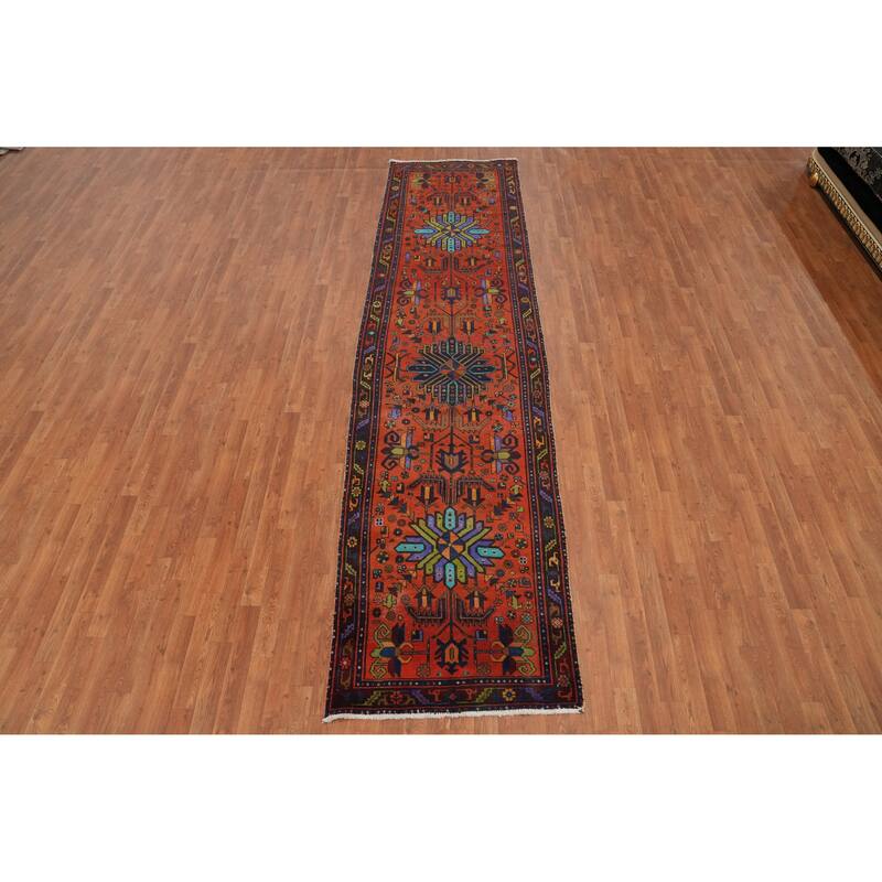 Hand Knotted Oriental 100% Wool Carpet Traditional Tribal Oranges & Rust Heriz Runner Rug - 12' 8'' X 3' 3''
