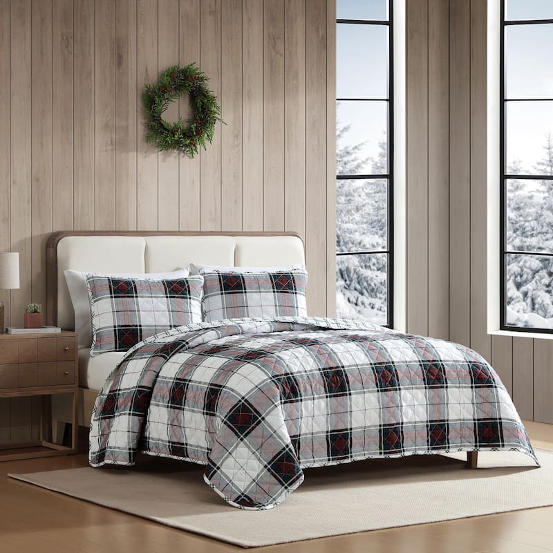 Eddie Bauer Holiday Plaid Flannel Red Reversible Quilt Set