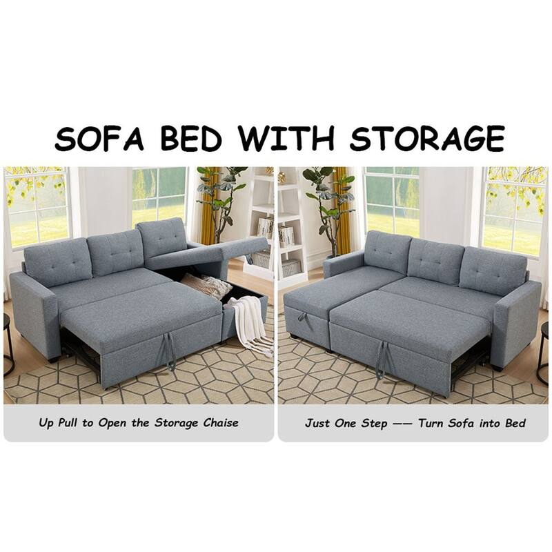 Modern Upholstered Pull Out Sectional Sofa with Storage Chaise