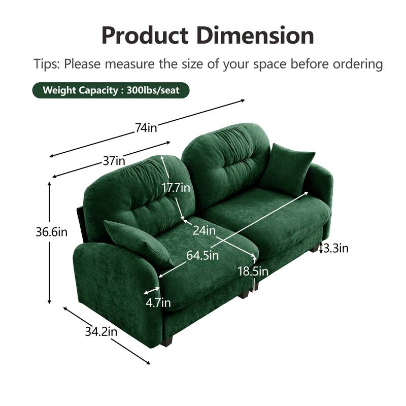 74" Loveseat Sofa, Modern Chenille Deep Seat Sectional Couch for Living Room, Tufted Backrest Love Seat with Pillows