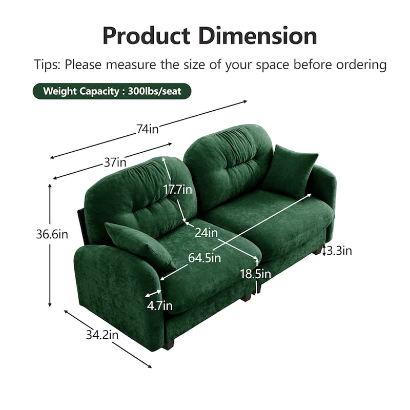 Chenille Fabric Upholstered Sectional Sofa, 2 Seat Cloud Couch with Tufted Backrest, Comfy Memory Foam Modular Loveseat