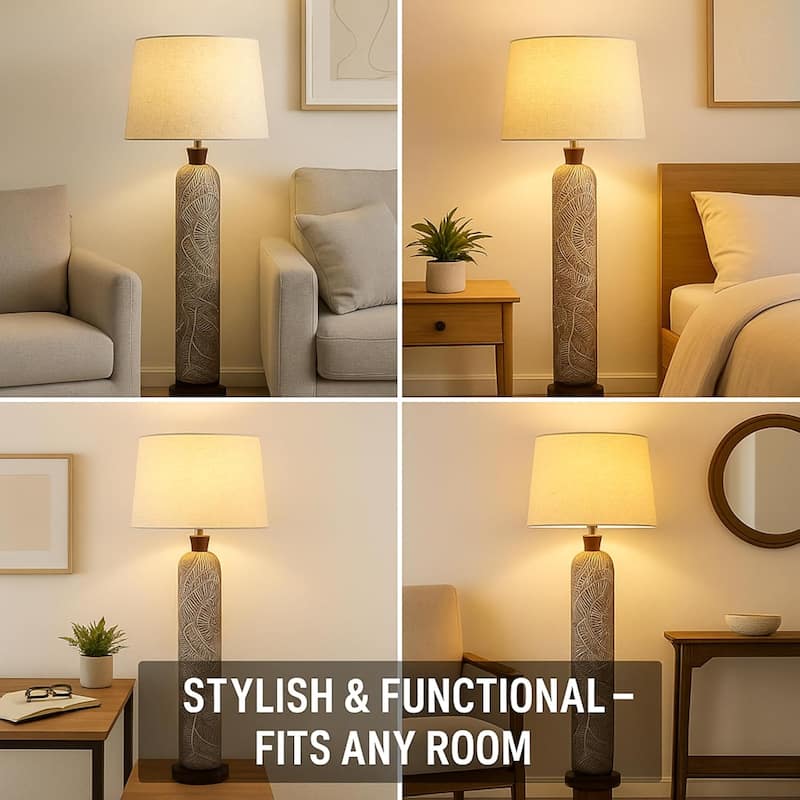 Brown 38 Inch Textured Resin Floor Lamp with Neutral Linen Drum Light