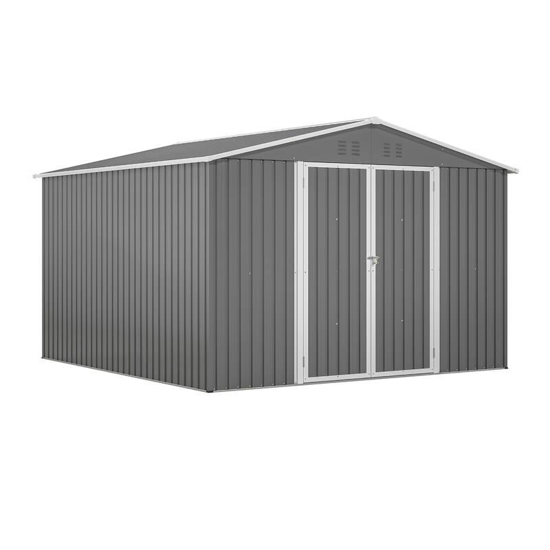 10x10 FT Outdoor Storage Shed, Utility Metal Tool Storage with Lockable Doors and Updated Frame Structure, Large Metal Shed - Grey