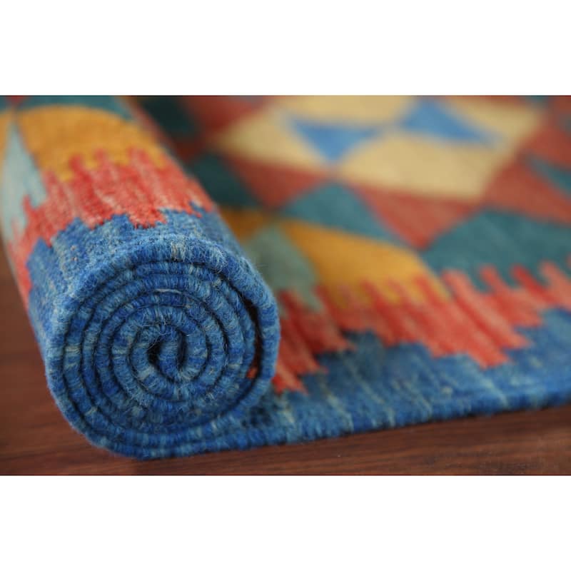 Geometric Multicolor Kilim Runner Rug Hand-Woven Wool Carpet - 2'2"x 6'6"