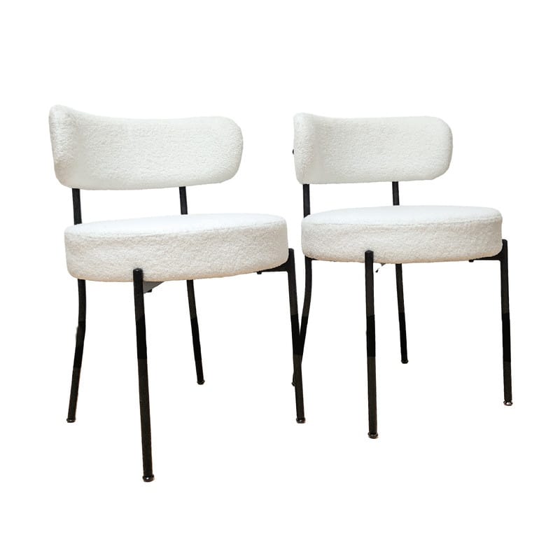 Mid-Century Modern Boucle Dining Chair - White Upholstered Curved Backrest with Black Metal Legs