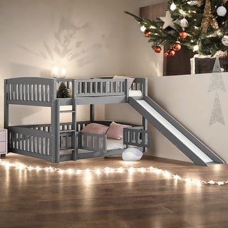 Full over Full Low Bunk Bed With Slide,Fence and Ladder for Bedroom