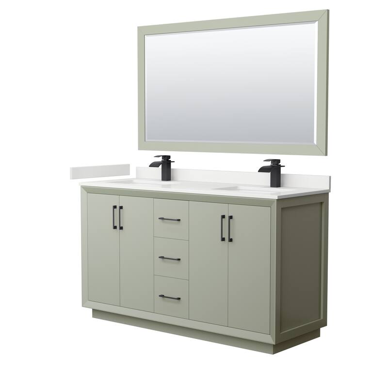 Strada 60-inch Double Vanity, Quartz Top, 58-inch Mirror - Light Green, Black Trim, White Quartz Top