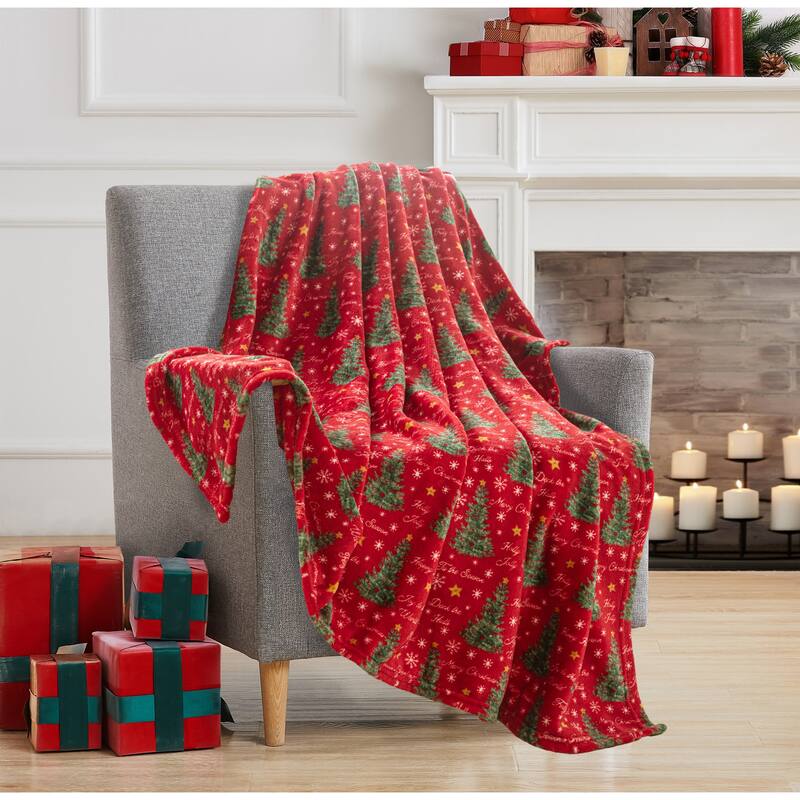 Xmas Tree Greetings 50"x 60" Printed Throw - Red