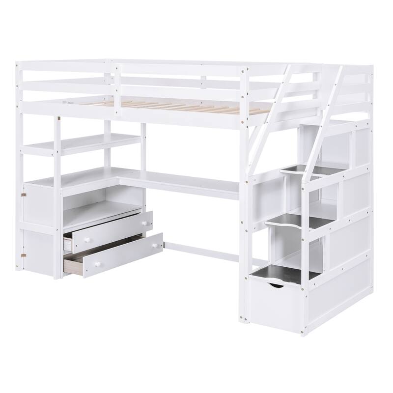 Twin Loft Bed with Desk, Shelves, Storage Staircase, and Two Drawers in White