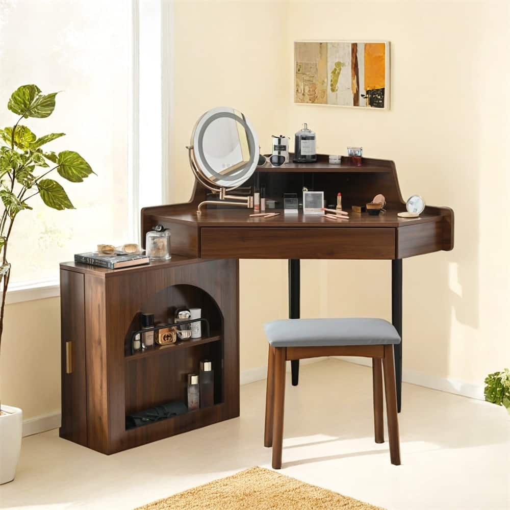 Corner Makeup Vanity Desk With Mirror & LED Lights,Modern Vanity Set