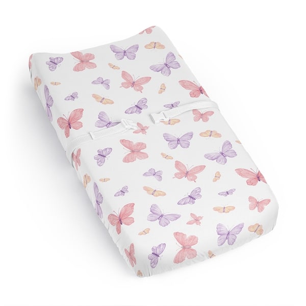 slide 2 of 6, Sweet Jojo Designs Pink and Purple Shabby Chic Butterfly Girl Changing Pad Cover Sheet Yellow Colorful Pastel Lilac Watercolor