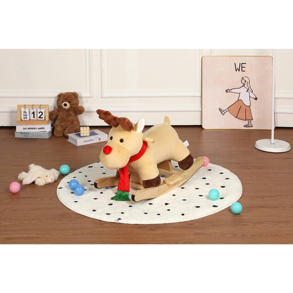 Kids Ride-On Rocking Horse Toy with Lullaby Song, Rocking Toy with Hand Puppets & Safety Belt
