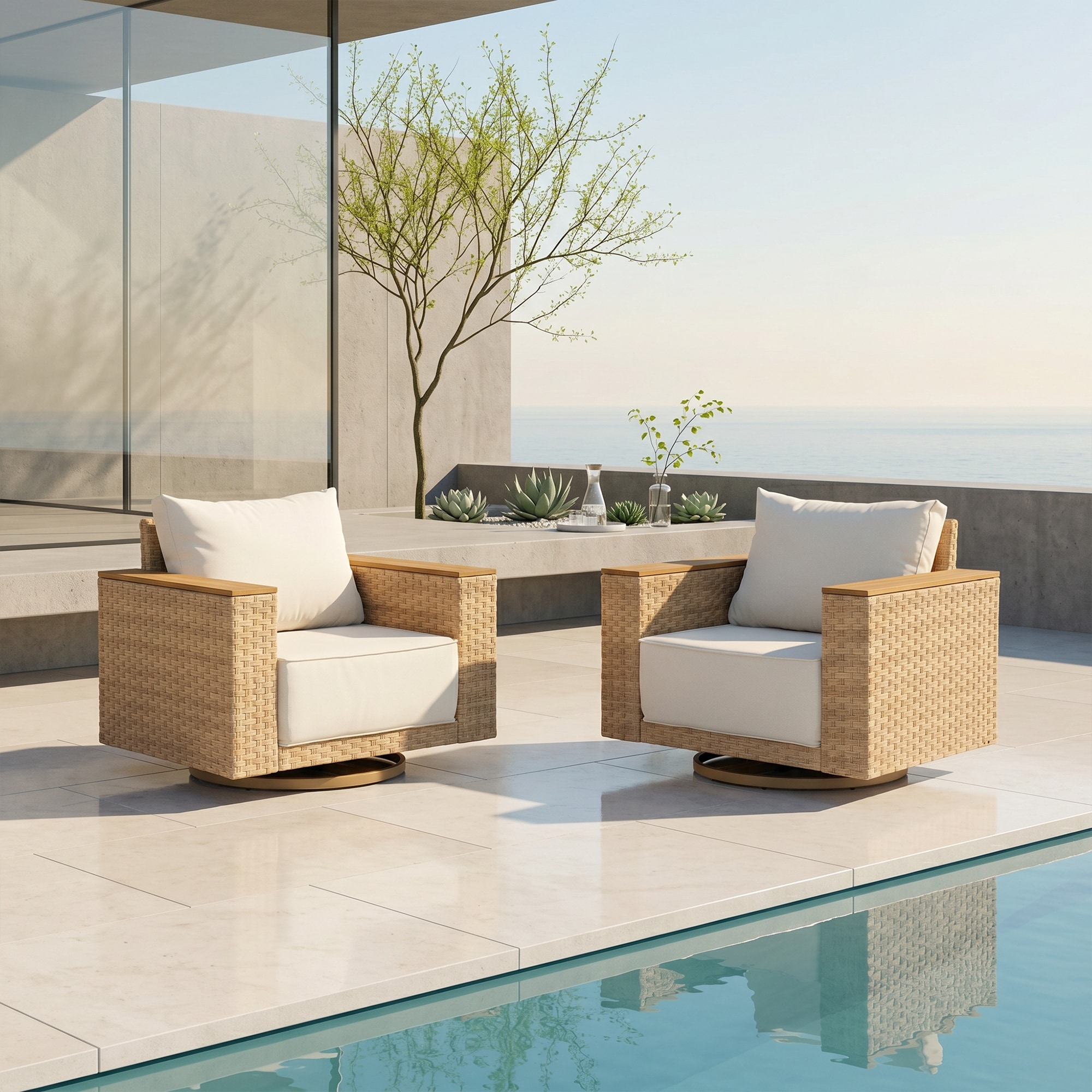 Outdoor 360-Degree Swivel Chair Conversation Club Chairs PE Wicker Rattan Acacia Wood