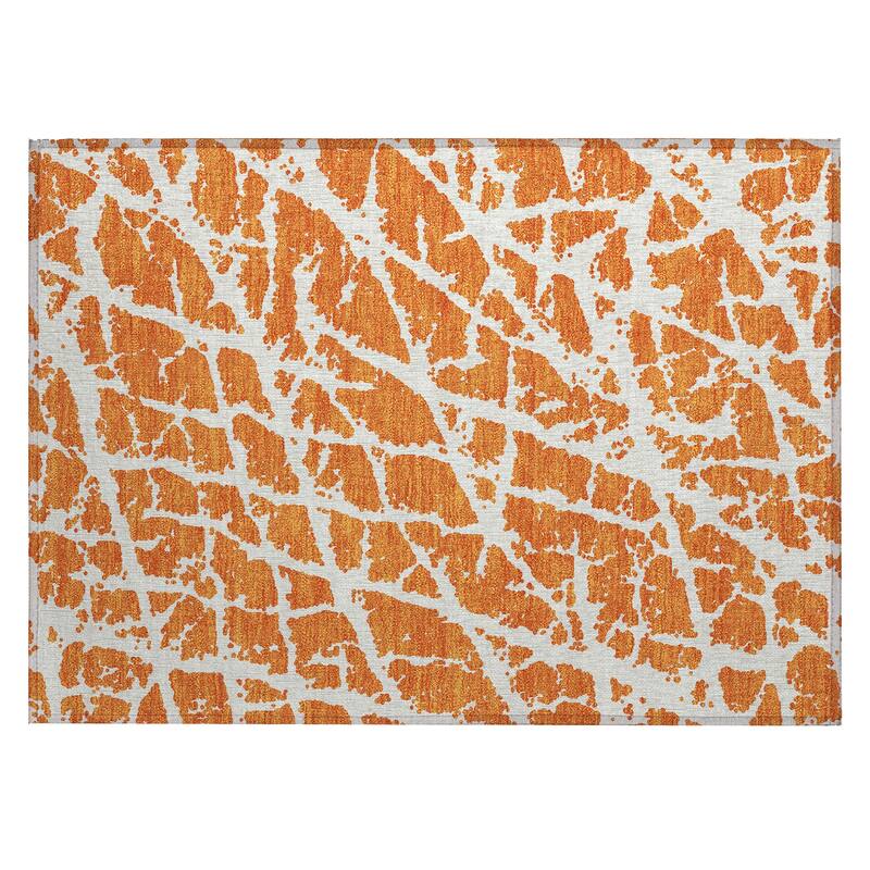 Machine Washable Indoor/ Outdoor Transitional Orange Crackle Chantille Rug