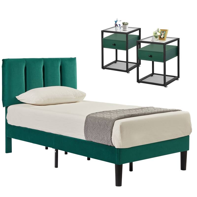 VECELO, Five Colors, 3-Pieces Tufted Upholstered Platform Bed Frame with Adjustable Height Headboard and Nightstands Set of 2