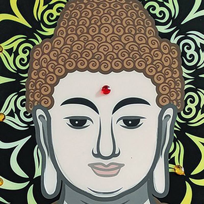 39 x 59 Hand Painted Buddha on Lotus, Gold Frame, Resin Coated, Red, Yellow - Red, Gold, Black