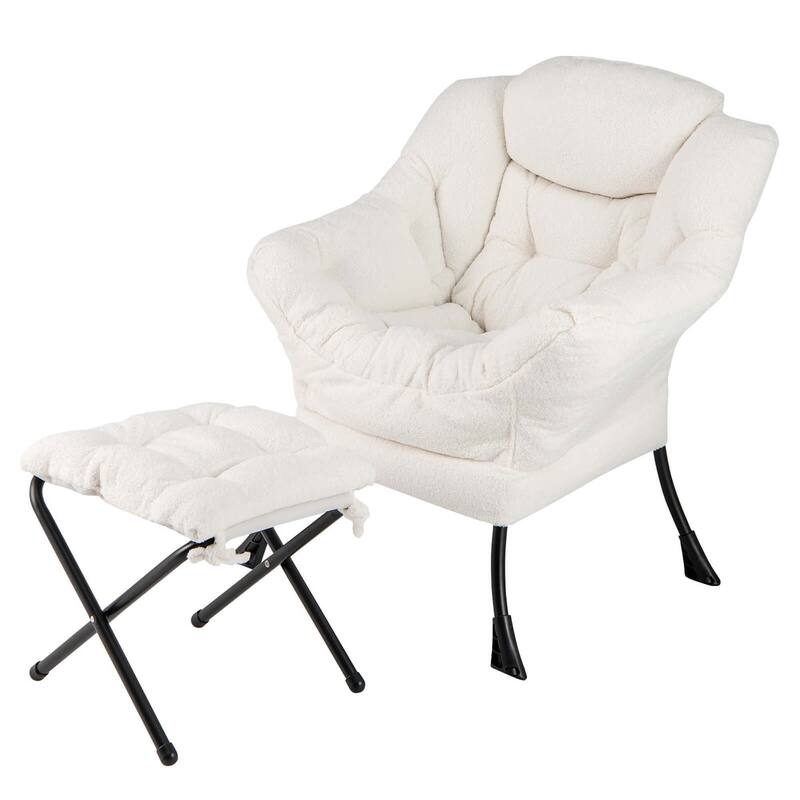 Sherpa Lazy Chair w/ Ottoman Comfy Lounge Reading Accent Chair - Creamy-white