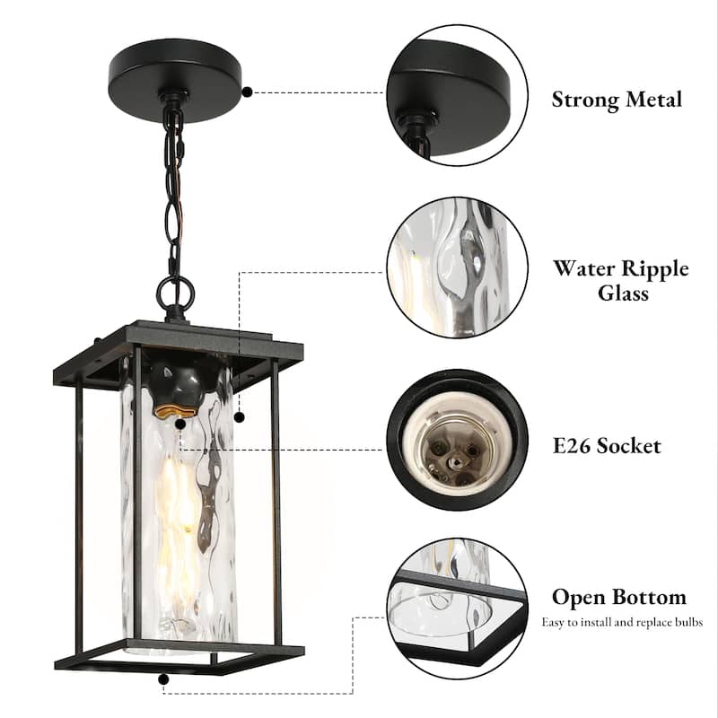 Modern 1-Light Black Outdoor Pendant Water Ripple Glass Porch Lantern - L 6.7" x W 6.7" x H 14.2"