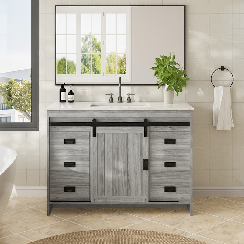 EROMMY Farmhouse Bathroom Vanity with Ceramic Top and Sliding Barn Door Sink Cabinet