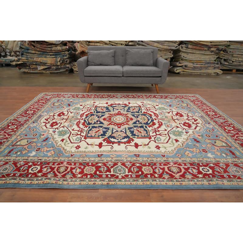 Hand Knotted Oriental 100% Wool Carpet Traditional Medallion Beige & Ivories Heriz (serapi) Area Rug - 9' 10'' X 7' 11''