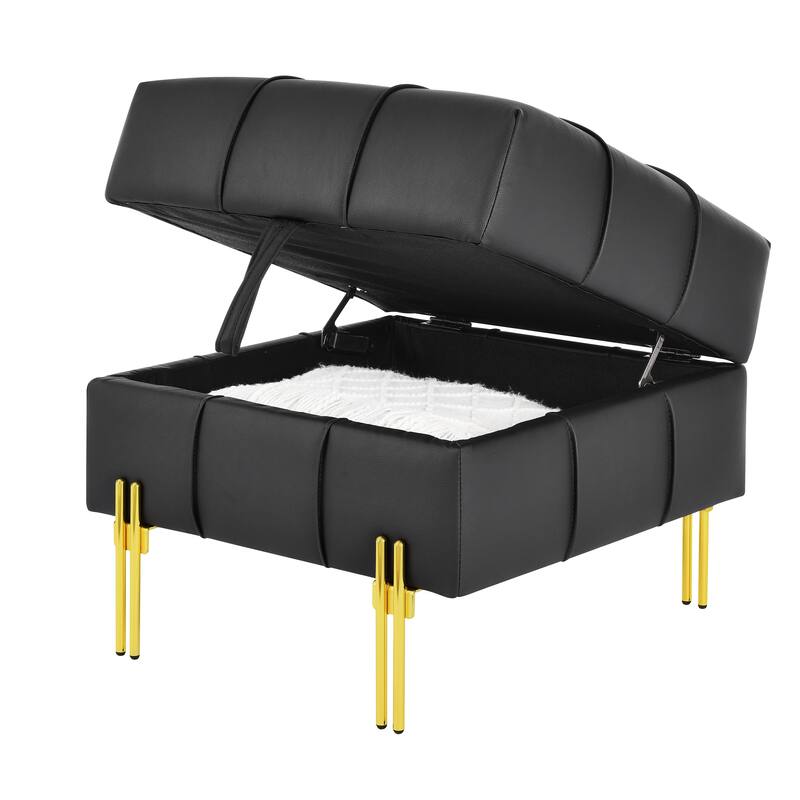 22 inches Anti-scratch Leather Storage Ottoman, Pet Friendly Entryway Bench with Golden Stainless Steel Legs, Black