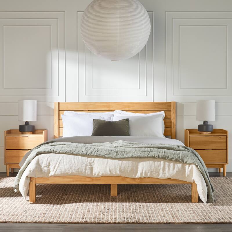 Boho Style Queen Bedframe with Simple Slatted Headboard and No Box Spring Needed
