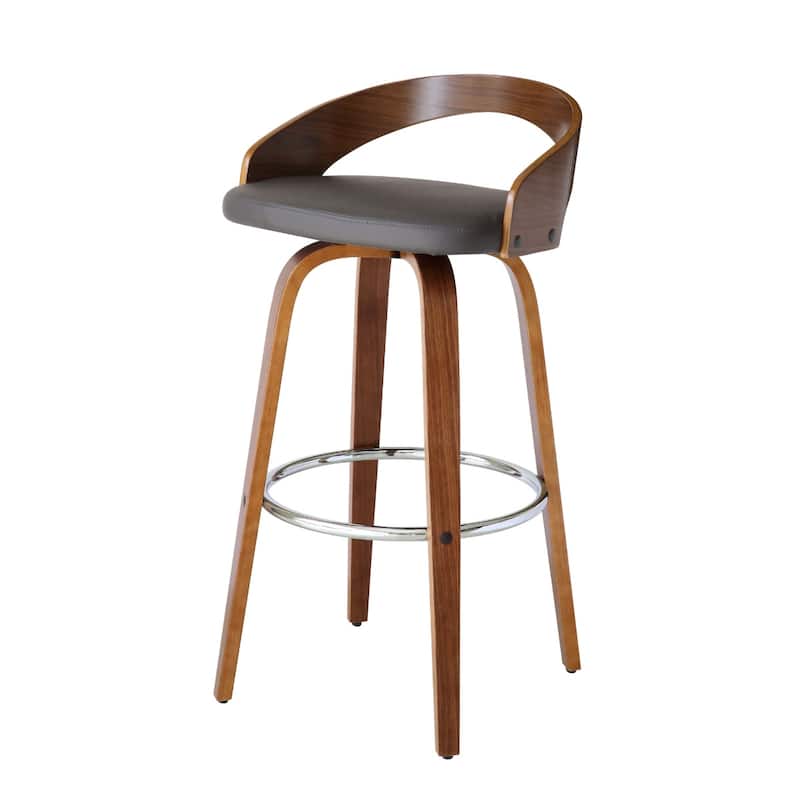 Modern 30 Inch Swivel Bar Stool with Low Back Grey Faux Leather Seat and Walnut Iron Frame - 35”H x 19”W x 19”D