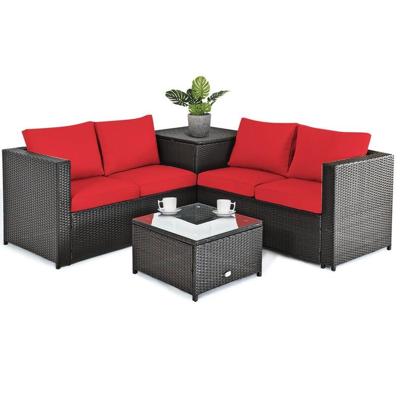4 Pcs Outdoor Patio Rattan Furniture Set with Cushioned Loveseat and Storage Box - Red