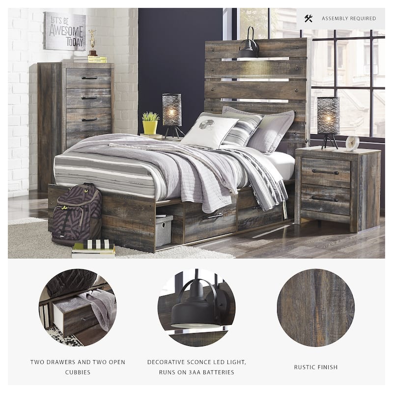 Drystan Rustic Brown Panel Bed with 2 Under Bed Storage Drawers