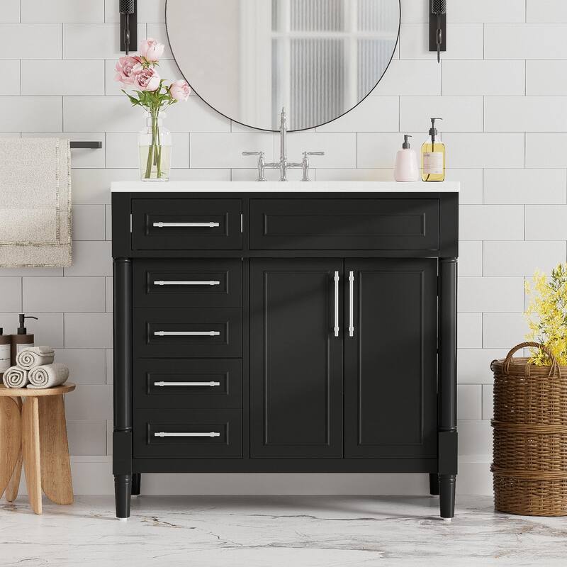 36'' Bathroom Vanity with Top Resin Sink, Freestanding Bathroom Storage Cabinet with 2 Drawers and a Tip-out Drawer