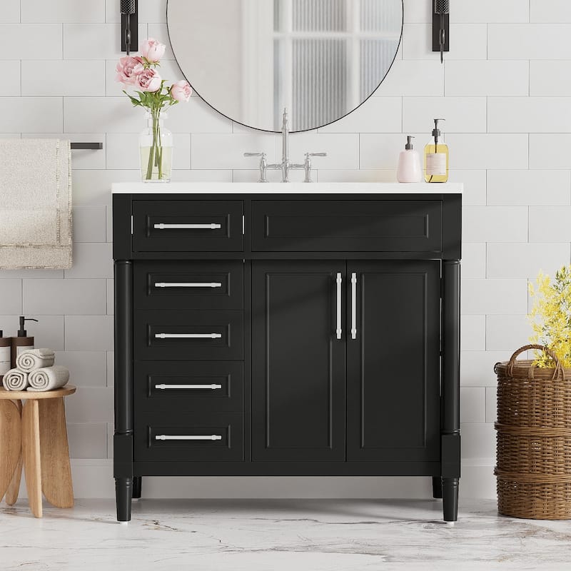 Roomfitters 36" Vanity with Resin Sink, Cabinet with 2 Drawers and Tip-out Tray, Solid Wood Freestanding Unit, Adjustable Shelf