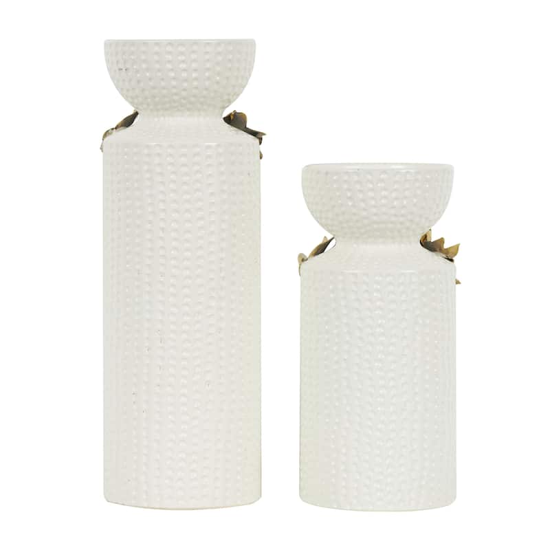 Ceramic Decorative Candle Holder with Abstract Spotted Pattern and Gold Leaf Accents - Set of 2 White - Roche River Decor