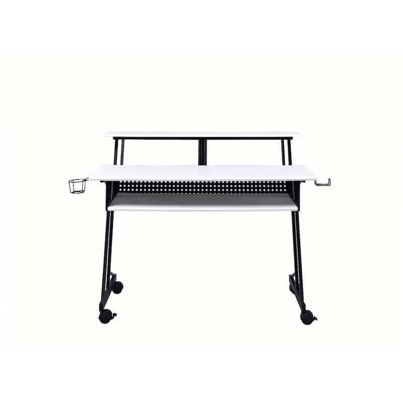 Wood Computer Desk with Black Metal Frame, Shelves and Casters - White and Black